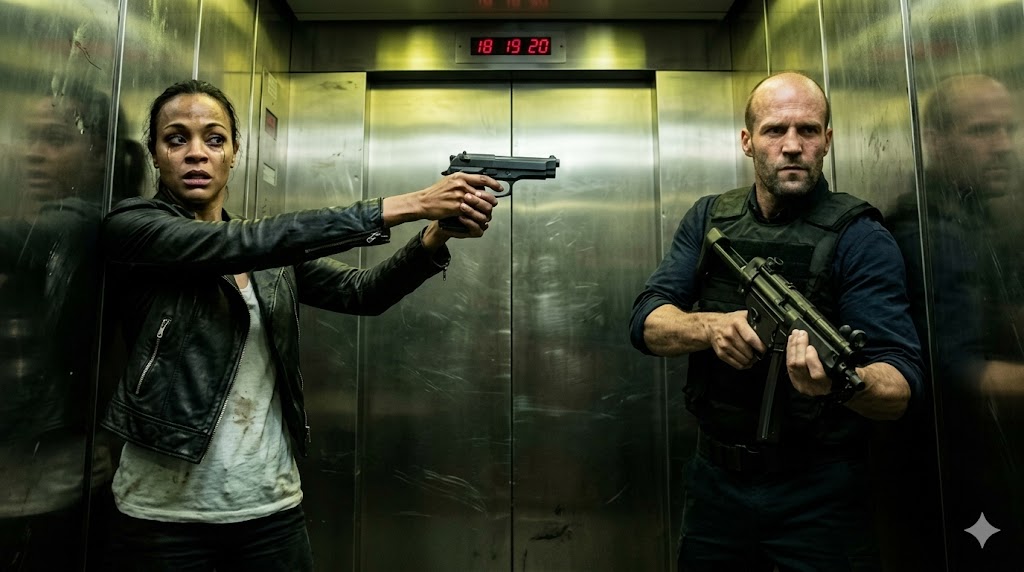 Zoe Saldana and Jason Statham armed with weapons during an intense elevator standoff in Colombiana 2.