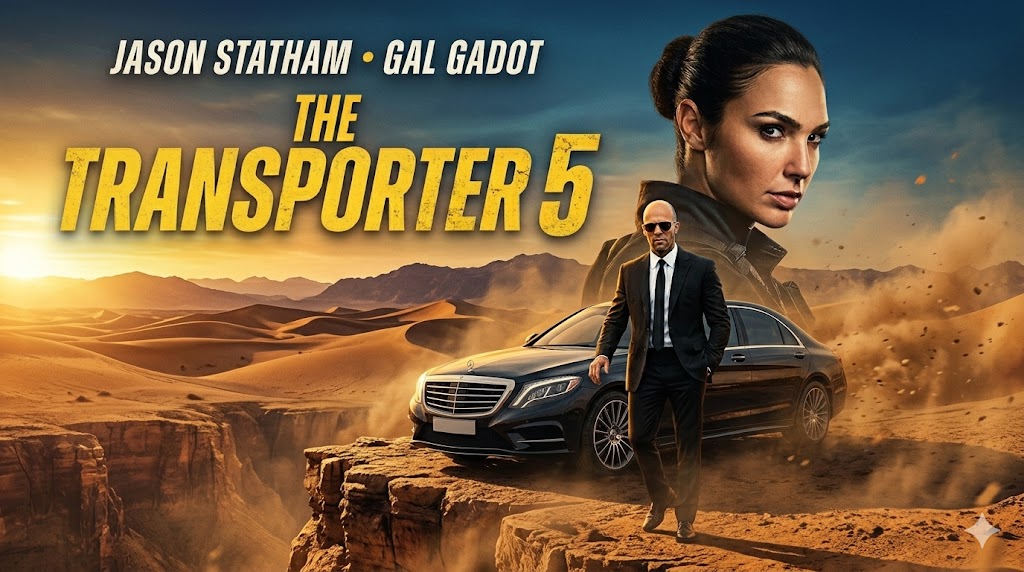 Action-packed movie poster for The Transporter 5 with Jason Statham and Gal Gadot in a dramatic desert landscape at sunset.