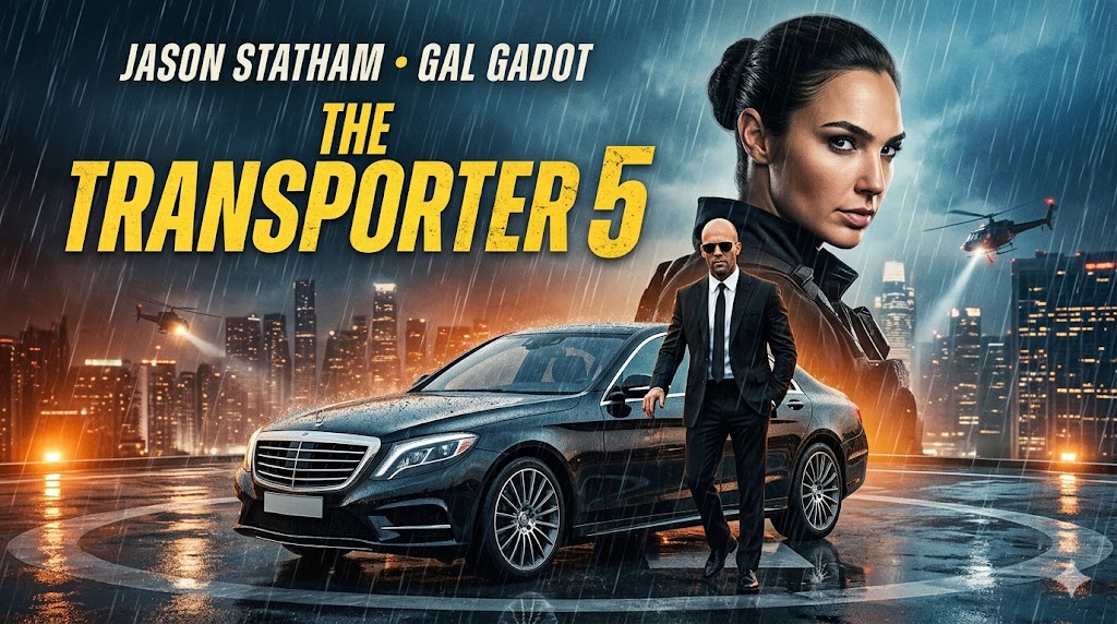 Official movie poster of The Transporter 5 featuring Jason Statham and Gal Gadot on a rainy rooftop with a black Mercedes-Benz.