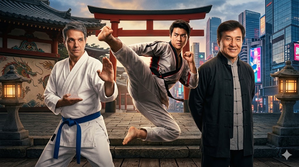: Main cast of Karate Kid Legends including Jackie Chan, Ralph Macchio, and Ben Wang.